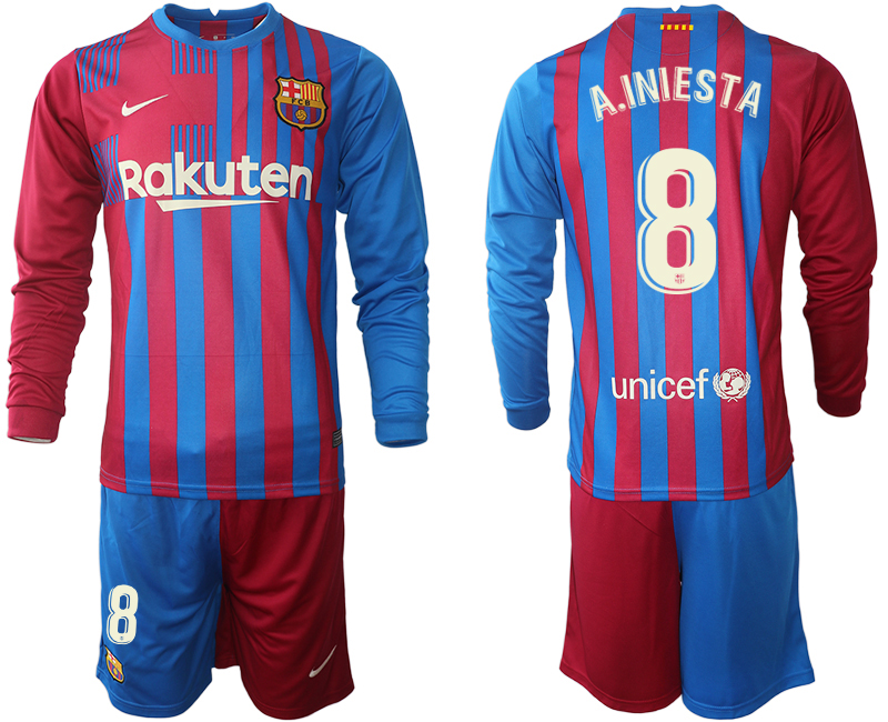 Cheap Men 2021-2022 Club Barcelona home red blue Long Sleeve 8 Nike Soccer Jerseys